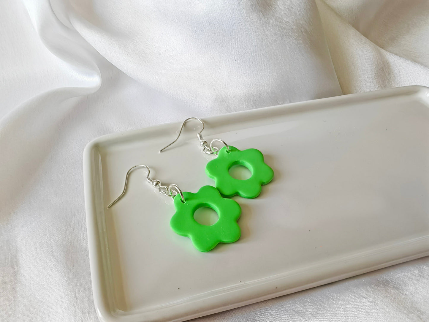 Green Flower Hook Earrings