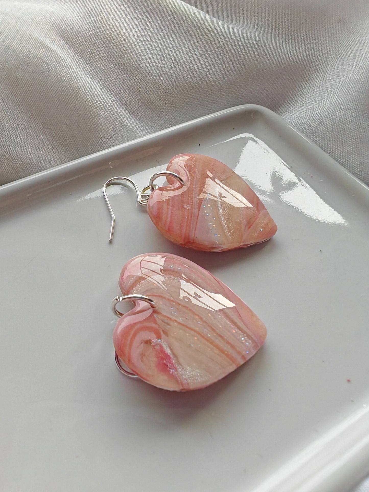 Pale pink marble heart earrings