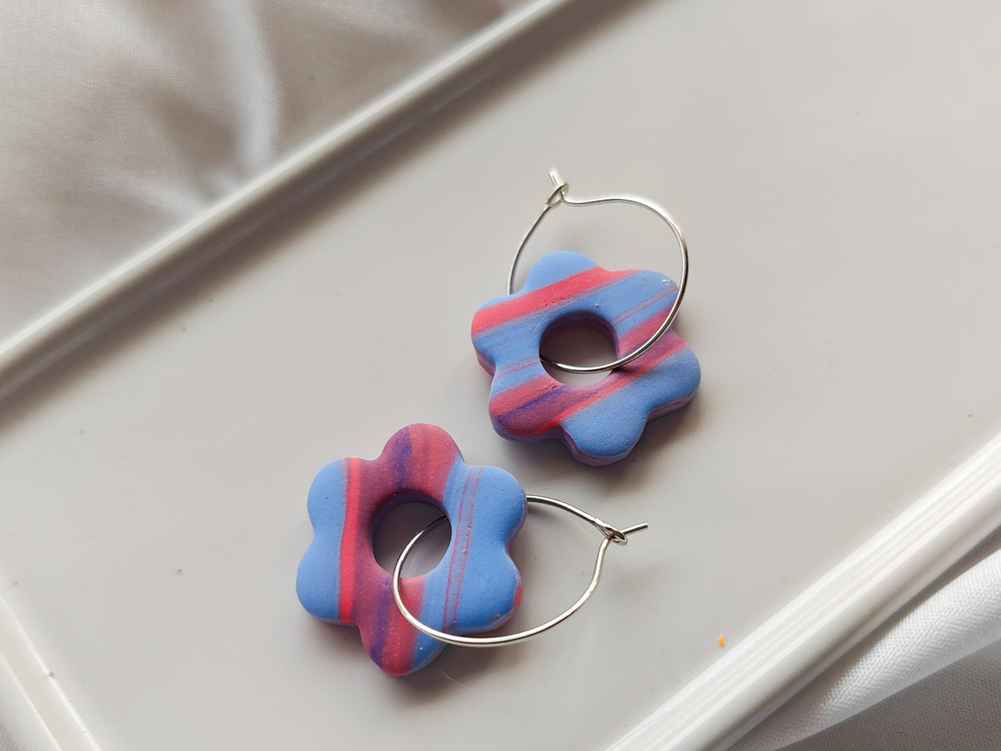 Pastel blue flower hoop earrings