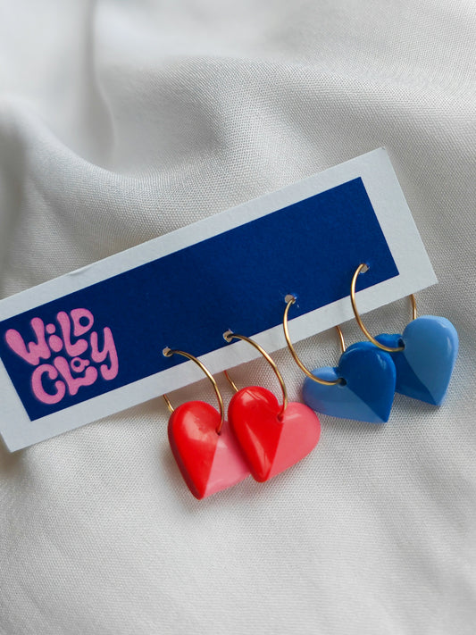 Two-toned heart hoops - blue and pink set