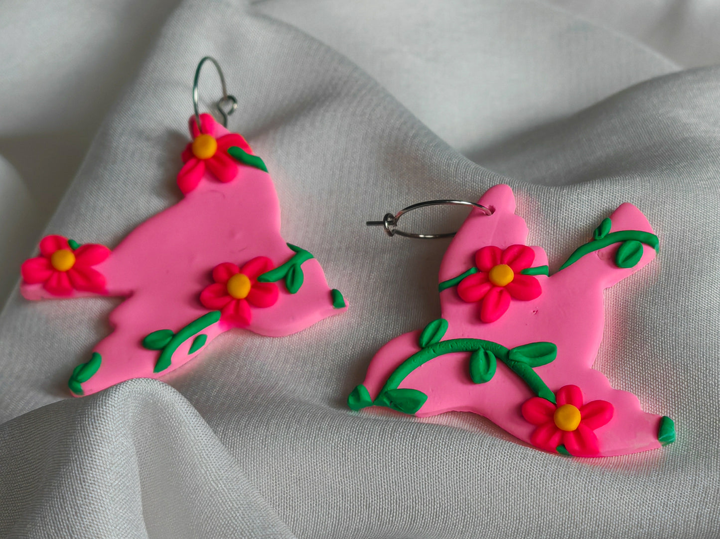 Pink floral bird earrings