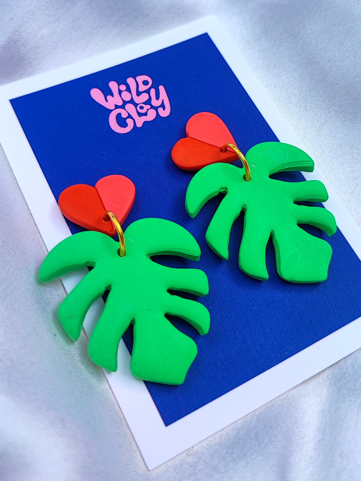 Monstera Earrings with Two Tone Heart Stud