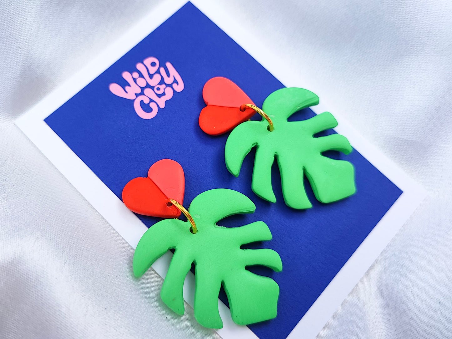 Monstera Earrings with Two Tone Heart Stud