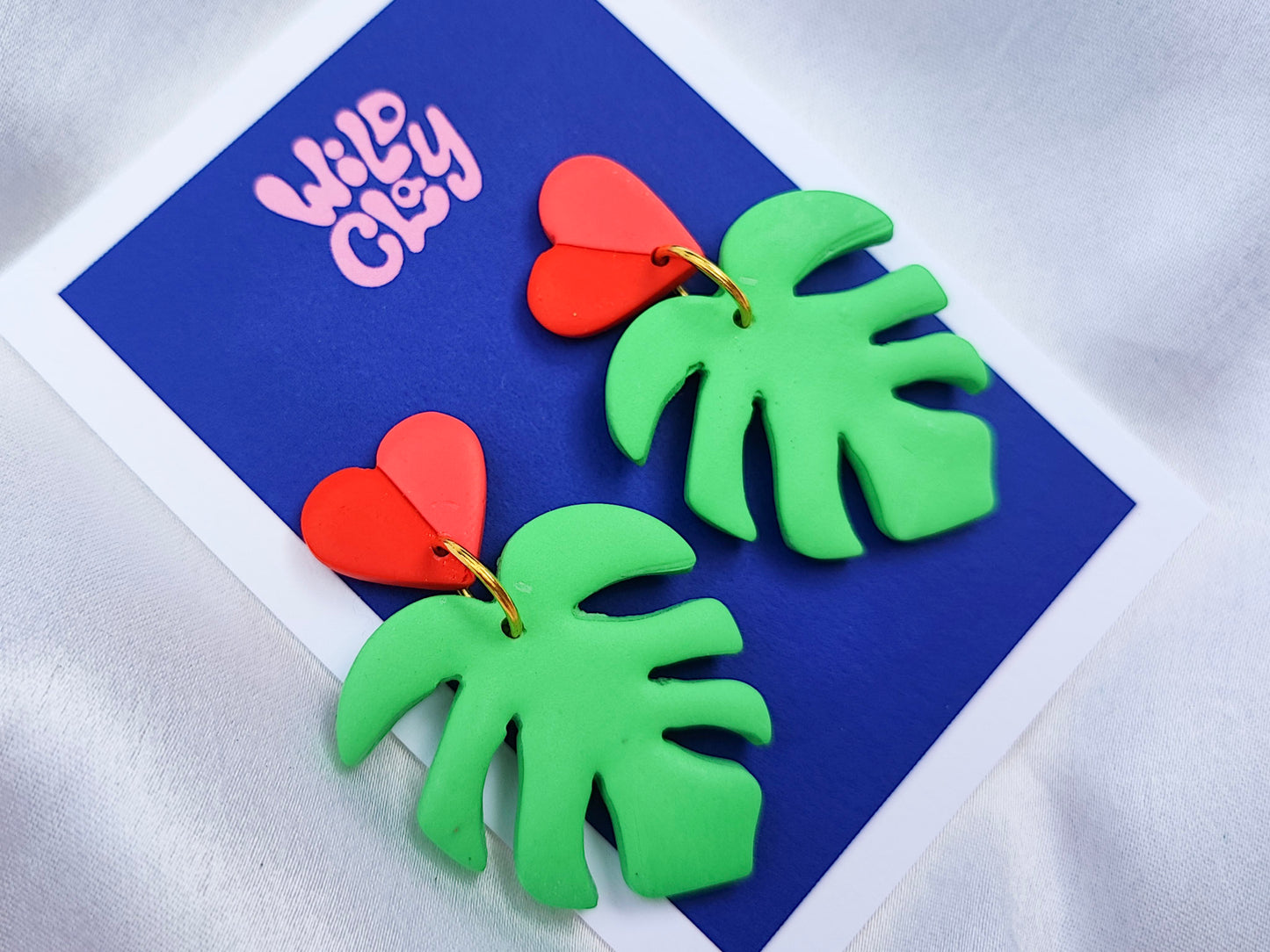 Monstera Earrings with Two Tone Heart Stud