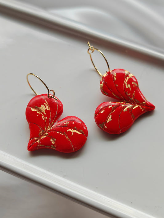 Red and gold heart leaf earrings