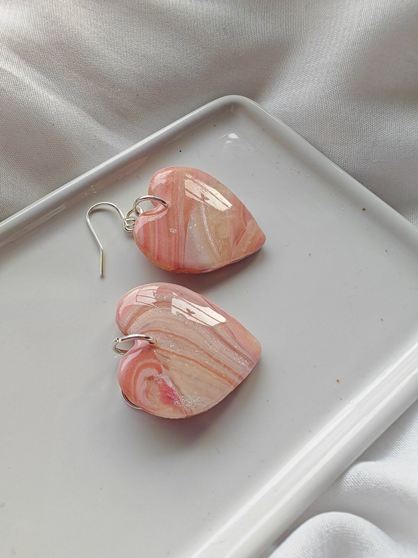 Pale pink marble heart earrings
