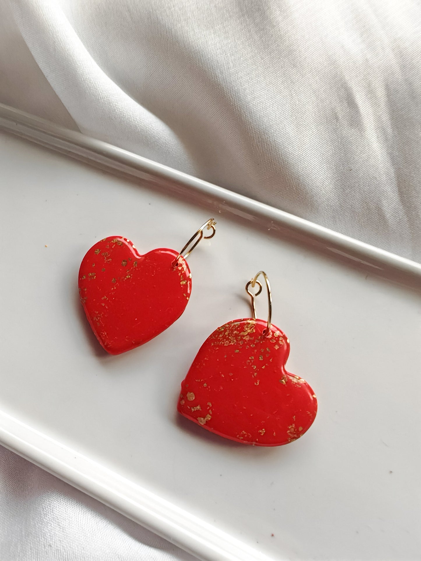 Red and gold heart hoop earrings