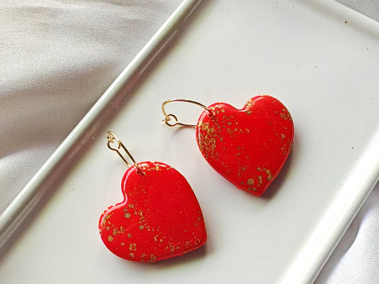 Red and gold heart hoop earrings