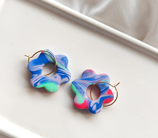 Marbled blue flower hoop earrings