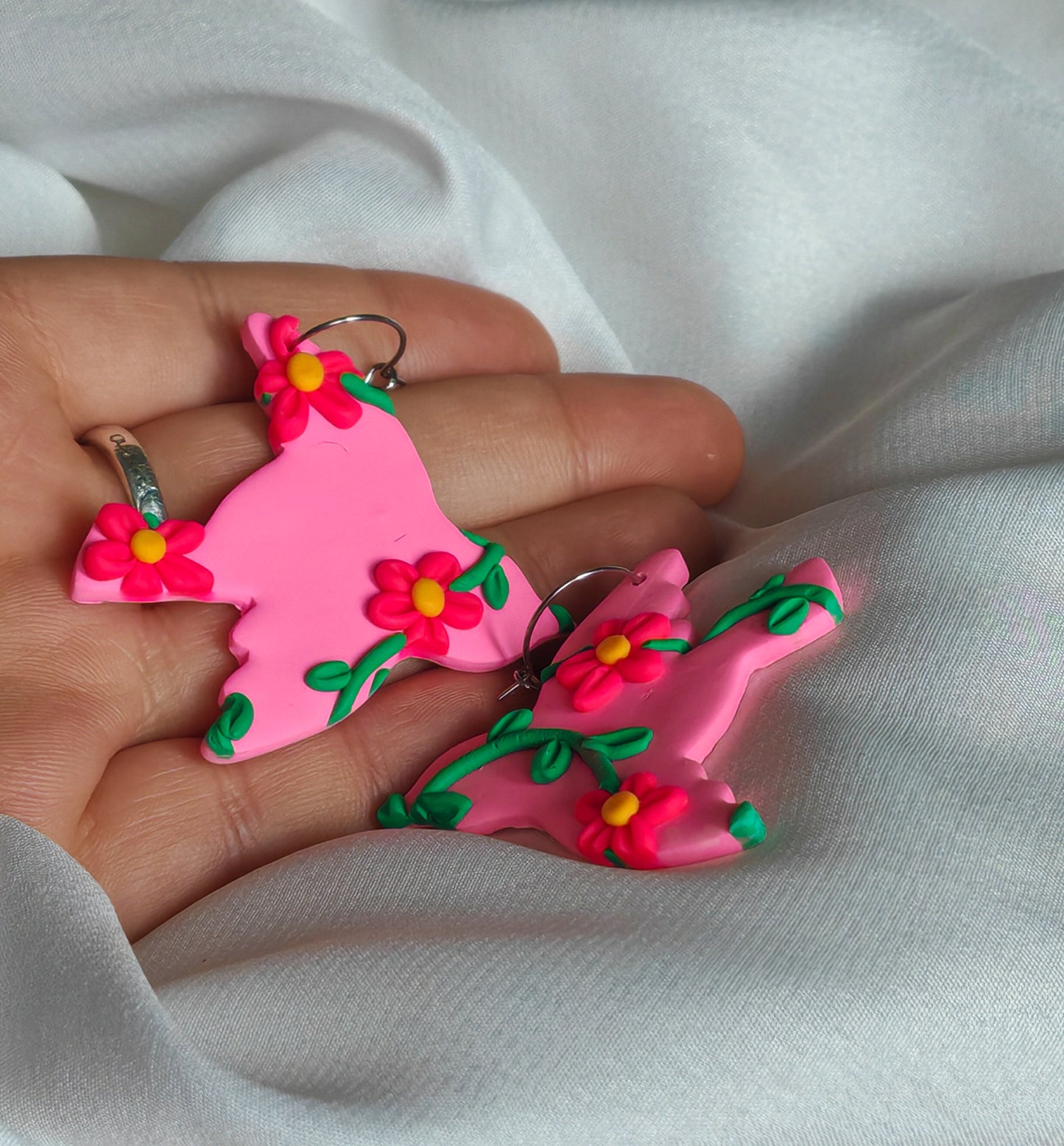 Pink floral bird earrings